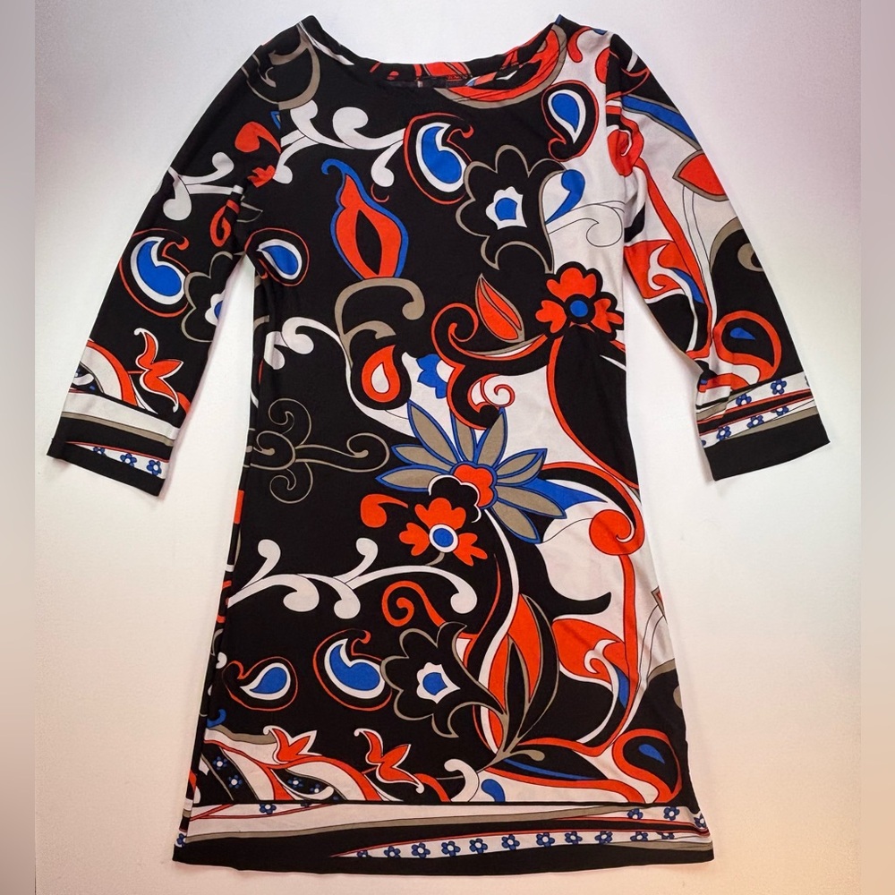 Vibrant Multicolor Abstract Midi Dress By MT Collection Long Sleeve Size Small